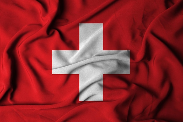 Enfoque selectivo de la bandera suiza con ilustración 3D de textura de tela ondeante