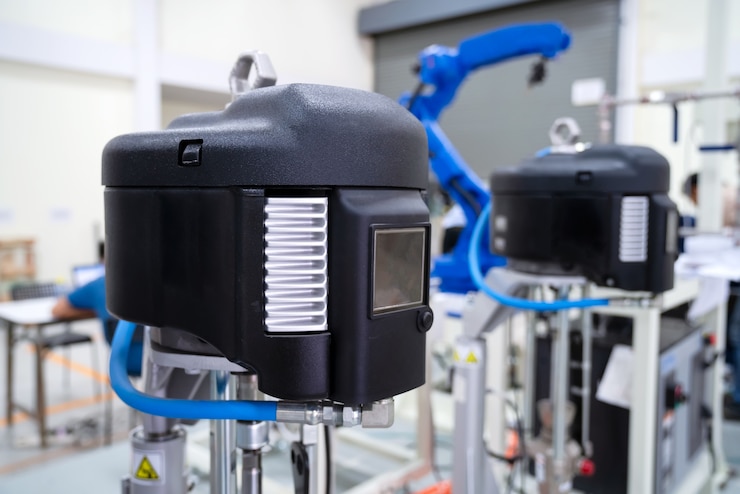 Foto enfoque selectivo a la bomba de alta presión para el sellado del vidrio del robot en la planta de fabricación
