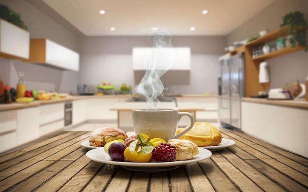 enfoque selectivo del desayuno en la mesa de madera en la cocina moderna en el hogar