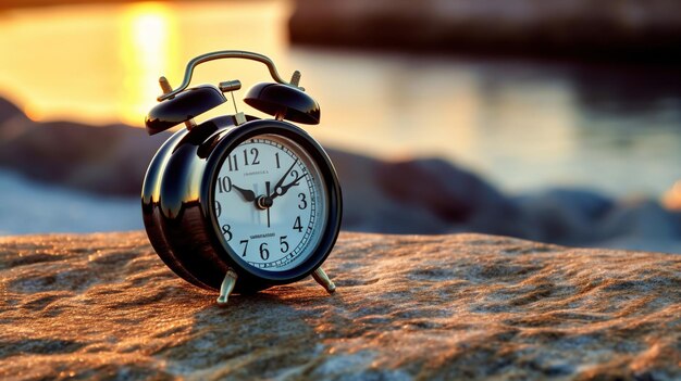 Enfoque selectivo del despertador en la arena con el fondo de la playa de la naturaleza bokeh Concepto de tiempo en la vida Ai generativo