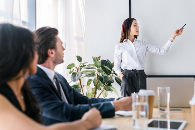 Foto enfoque selectivo del empresario multirracial y mujeres empresarias que trabajan en proyecto empresarial juntos en