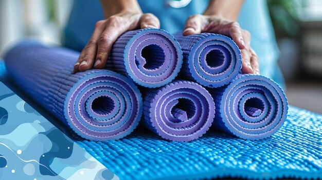 En este enfoque selectivo el médico está sosteniendo una alfombra de yoga aconsejando al paciente que haga ejercicio