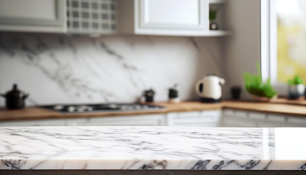 Enfoque selectivo La mesa de mármol en el fondo borroso de la cocina blanca