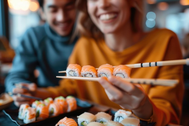 Foto enfoque selectivo de mujer feliz sosteniendo palillos con sushi sabroso cerca de hombre alegre en el restaurante