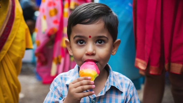 El enfoque selectivo de un niño indio comiendo gola de hielo de colores con sabor