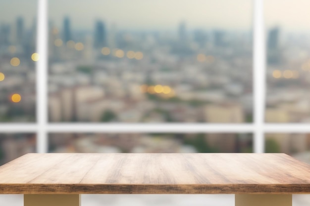 Enfoque selectivo Parte superior de la mesa de madera con vidrio de ventana y fondo de paisaje urbano
