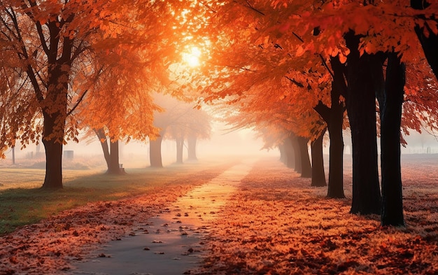 Enfoque suave callejón vacío y brumoso de otoño en un parque con 2