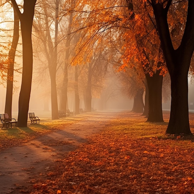 Foto enfoque suave callejón vacío y brumoso de otoño en un parque con arces