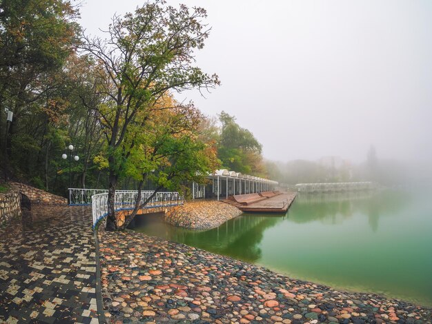 Enfoque suave Clima húmedo y lluvioso en un moderno parque de otoño Hermoso terraplén húmedo y brumoso Paisaje otoñal lluvioso brumoso con parque vacío en Zheleznovodsk Rusia