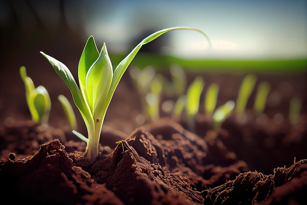 Enfoque suave en el crecimiento de brotes de maíz verde joven en un campo de cultivo IA generativa