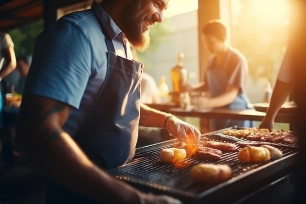 Foto enfoque suave del feliz chef masculino en delantal sonriendo y agregando sal a las salchichas y la carne a la parrilla mientras