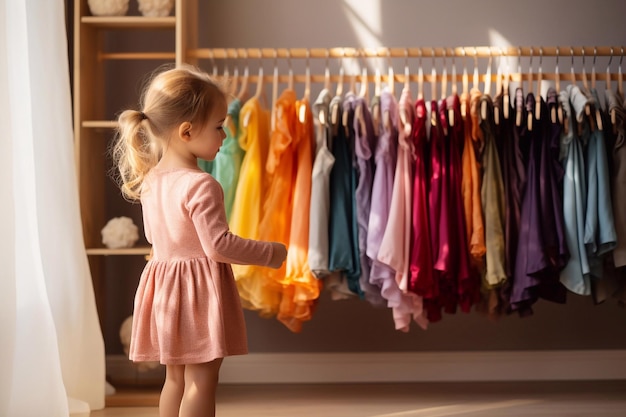 El enfoque suave de una niña de dos años eligiendo sus propios vestidos del estante de ropa para niños
