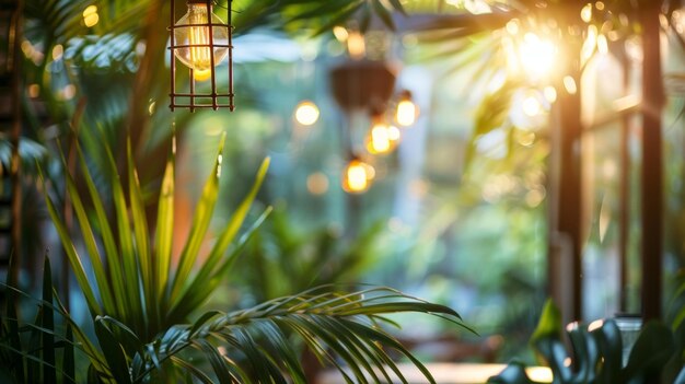El enfoque suave en las plantas verdes vibrantes y las luces de cuerda colgantes añaden un toque de tranquilidad a