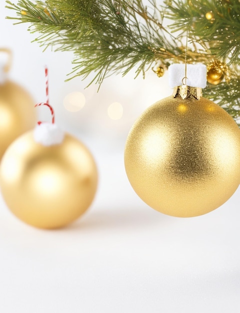 Foto enfoque tiro de la decoración dorada de navidad en blanco en el fondo borroso acogedor