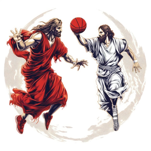 Enfrentamiento divino Jesús y el diablo se enfrentan en la cancha de baloncesto