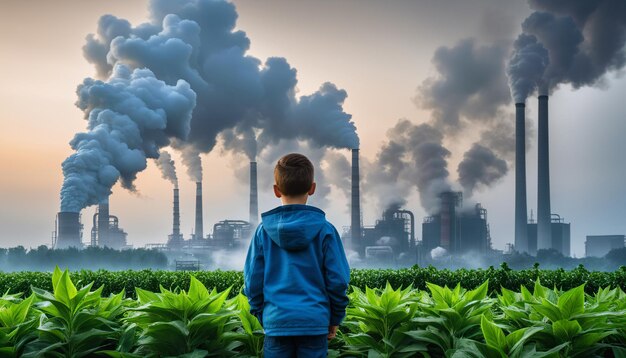 Foto enfrentando o menino do futuro em frente a uma fábrica poluente