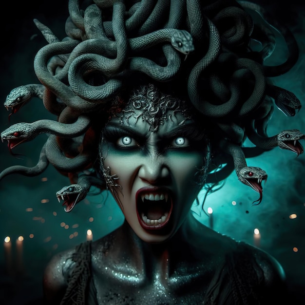 Foto enfurecida medusa gorgon com cobras contorcidas na cabeça