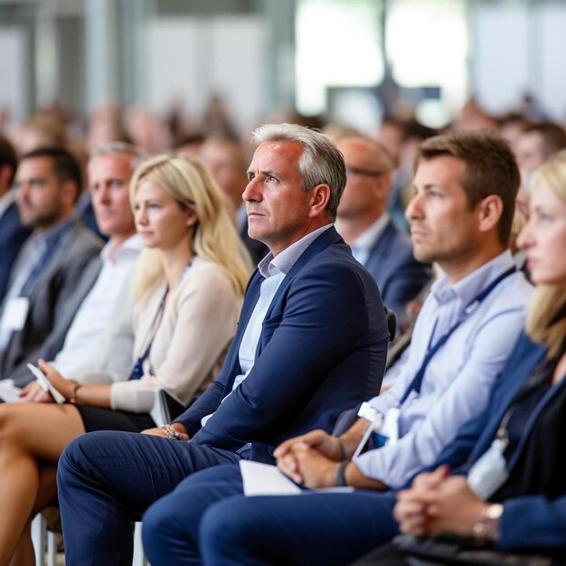 Foto engagierte geschäftsleute, die einem redner auf einer geschäftskonferenz zuhören