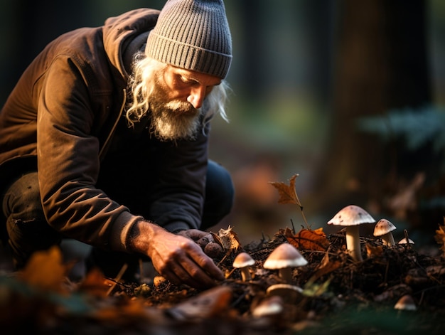 engagierter Pilzsammler, der den Waldboden sorgfältig auf schwer fassbare wilde Pilze untersucht