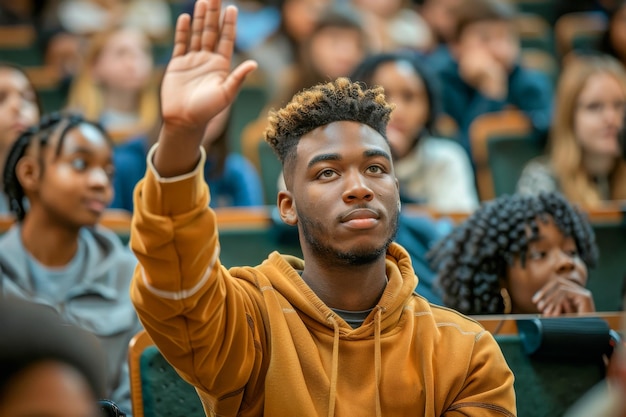 Engagierter Universitätsstudent hebt die Hand im Vortrag im Klassenzimmer