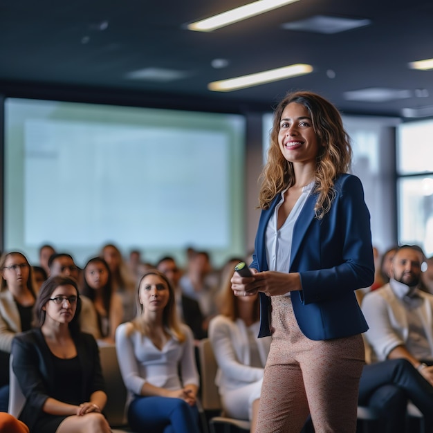 Foto engagiertes junges business-coach-mädchen, das ein trainingsseminar für eine arbeitsgruppe veranstaltet