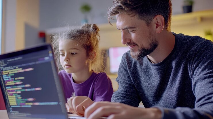 Foto engañador e innovador profesor de codificación demostrando habilidades de programación a un grupo curioso de estudiantes en un entorno de clase