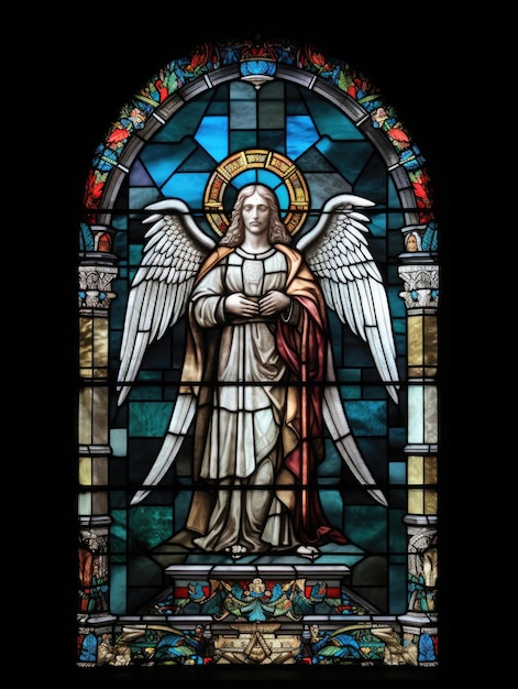 Engel-Buntglasfenster, Retro-Fantasie-Illustration, fotorealistisches Mosaik