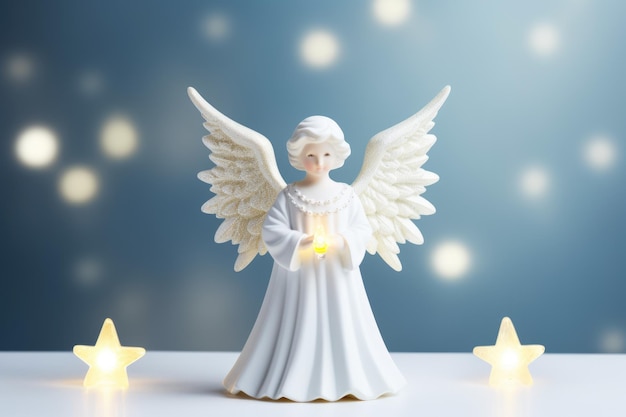 Engel Weihnachtsdekoration Festlicher weißer Engel auf blauem Hintergrund mit Lichtern für die Weihnachtszeit