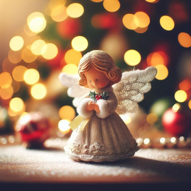 Engelfigur mit Weihnachtsdekoration im Hintergrund
