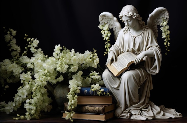 Engelfigur und Glyzinien neben einem Buch im Stil der schwarz-weißen Meisterschaft