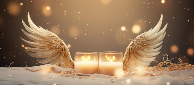 Engelflügel, Kerzenhalter, die auf einer schneebedeckten Oberfläche beleuchtet werden