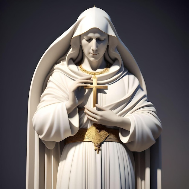 Foto engelhafte marmorskulptur der heiligen maria, die das kreuz auf ihrer brust betont. religiöse illustration
