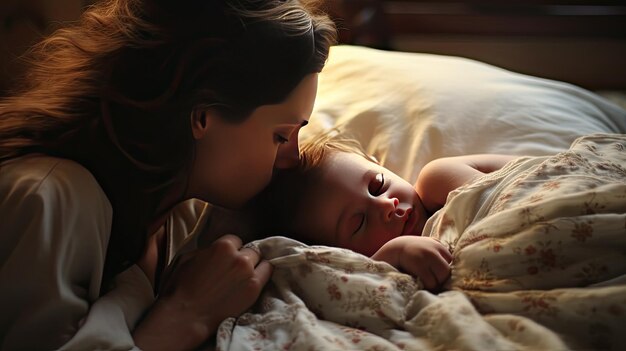Engelhafter Schlaf in der Sicherheit der Arme der Mütter Baby wird von Träumen umarmt