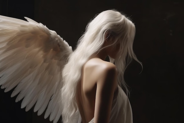 Engelhaftes Mädchen mit einem Flügel steht mit dem Rücken nach vorne und langen weißen Haaren. Generative KI