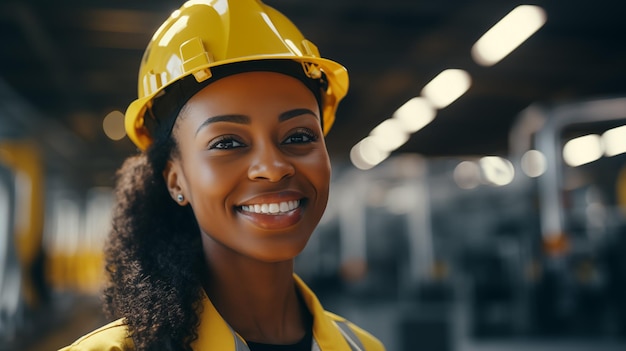 Engenheira afro-americana sorridente com capacete amarelo Trabalhadora geral feminina