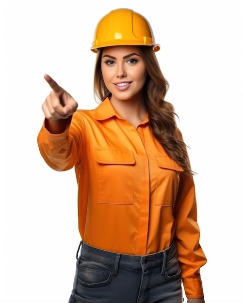 Foto engenheira apontando vestindo capacete protetor laranja em fundo isolado branco