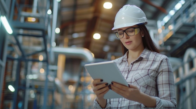 Engenheira-chefe em fábrica industrial moderna usando tablet e fazendo auditoria