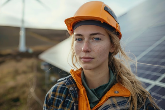 Engenheira com capacete perto de painéis solares