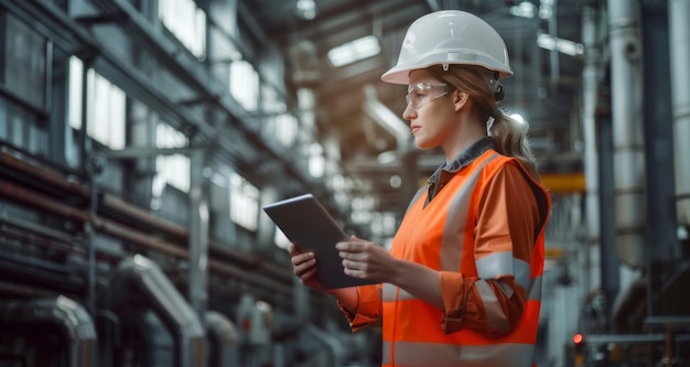 Engenheira de capacete usa tablet em fábrica industrial Tecnologia na indústria conceito industrial de empoderamento feminino