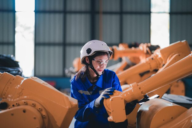 Engenheira de fábrica mulher inspecionando na máquina com tablet inteligente Trabalhador trabalha no braço robótico da máquina