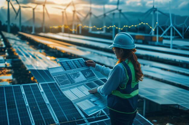 Foto engenheira inspeccionando painéis solares ao pôr-do-sol