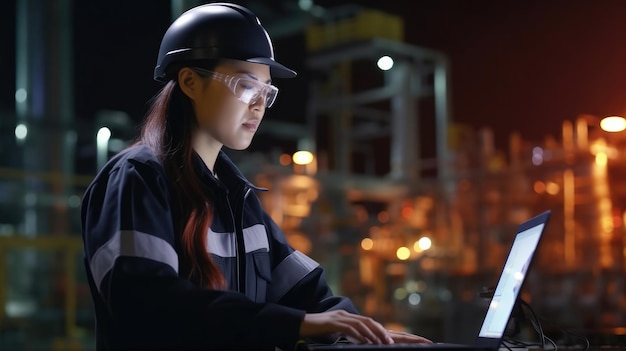 Engenheira petroquímica asiática trabalhando à noite com laptop Dentro da fábrica de indústria de refinaria de petróleo e gás à noite para controle de qualidade de segurança do inspetor IA geradora