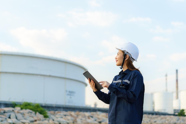 Engenheira petroquímica asiática trabalhando com tablet digital dentro da fábrica da indústria de refinaria de petróleo e gás à noite para controle de qualidade de segurança do inspetor.