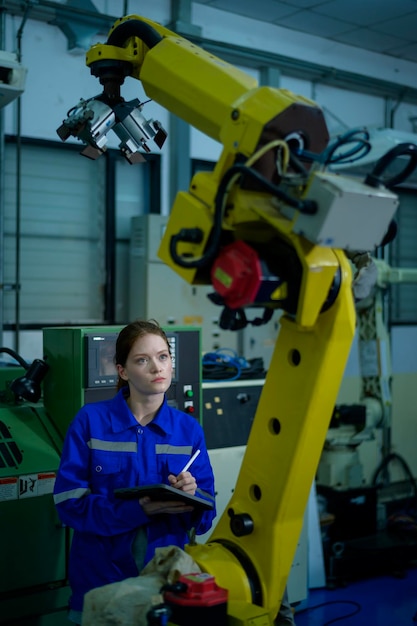 Foto engenheira robótica feminina trabalhando com programação e manipulação de mão robótica