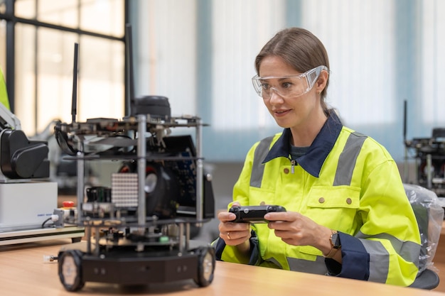 Engenheira usando teste remoto e modelo de robô AI de controle na sala de laboratório de robótica da academia