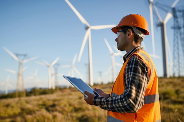 Engenheiro a inspeccionar turbinas eólicas