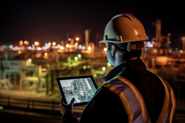 Engenheiro absorto no trabalho com tablet inteligente em meio ao cenário industrial