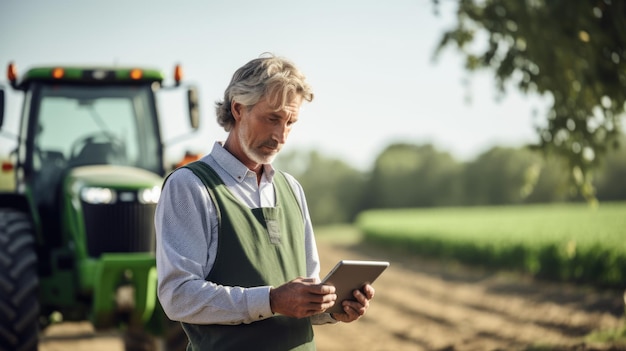 Engenheiro agrícola utilizando tecnologia de tablet enquanto trabalha em um campo