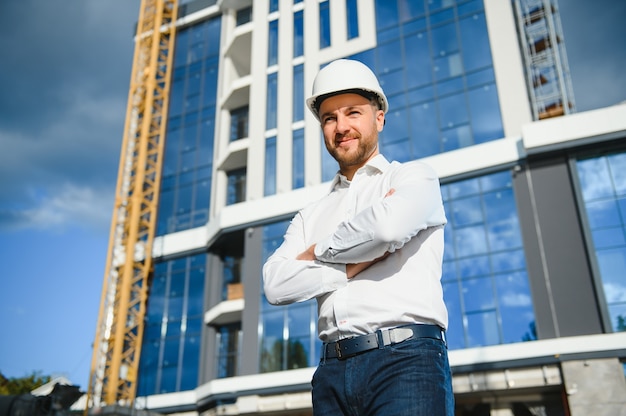 Engenheiro ao lado de guindastes de construção. conceito - grande projeto de construção. o arquiteto dirige o processo de construção. desenhos e tablet nas mãos.