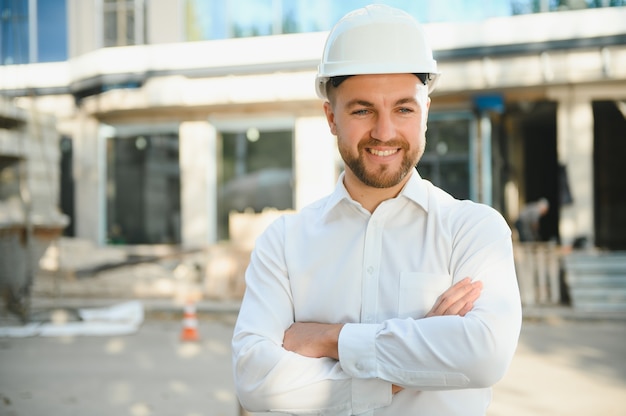 Engenheiro ao lado de guindastes de construção. conceito - grande projeto de construção. o arquiteto dirige o processo de construção. desenhos e tablet nas mãos.